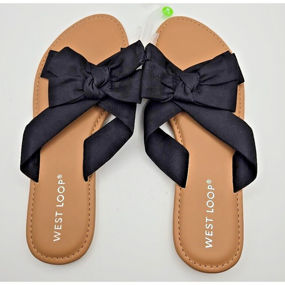 Women’s Sz Medium 7/8 Fabric Bow Open Toe Slides Flats Vegan Insoles Solid Black - Picture 1 of 2